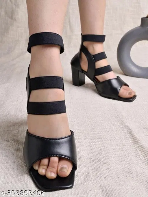 [104] Solid Synthetic Heel Sandals for Women (Black, IND-5)