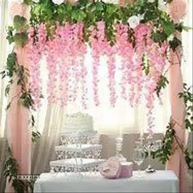Polyester Artificial Hanging Flower Garlands (Pink & Green, Pack of 12)
