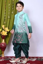 Dupion Silk Printed Kurta with Dhoti for Boys, Green 