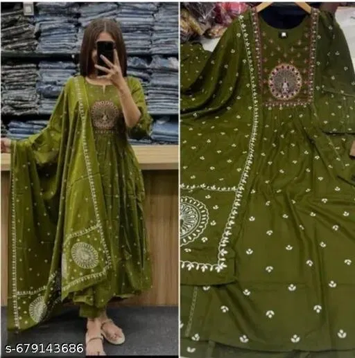 Printed Acrylic Kurta Set for Women (Green, XXL)
