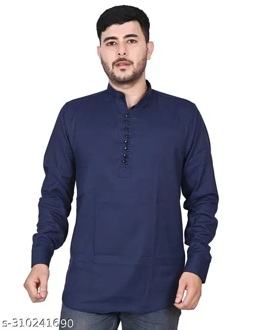 Cotton Blend Solid Short Kurta for Men, Navy Blue (L)