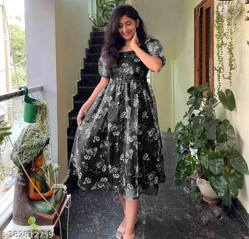 Printed Party Gown for Women (Black, M)