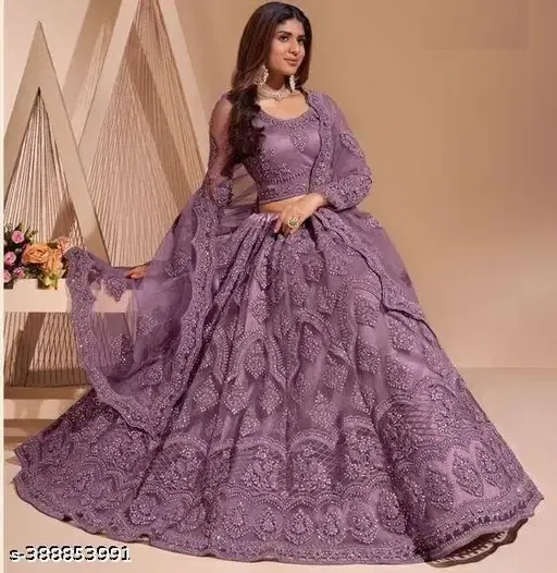 Net Embroidered Semi Stitched Lehenga Choli with Dupatta for Women (Purple)
