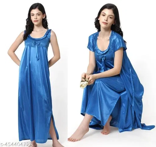 Satin Soft & Attractive Nightdress for Women & Girls , Blue (Free Size)