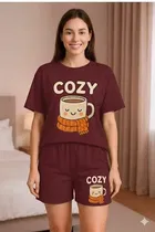 Cotton Blend Printed Top & Bottom Set for Women, Maroon 