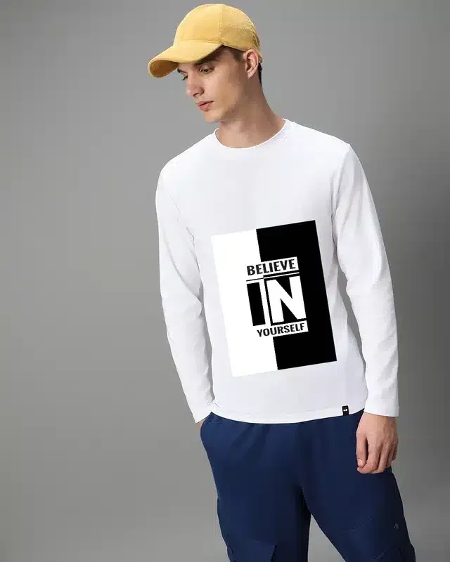 Full Sleeves Printed T-Shirt for Men (White, L)