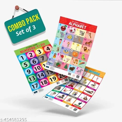 Bookford Publications My Small Chart – Alphabet, Numbers & Action Words | Set of 3 Educational Charts for Kids | Fun Learning Tools for Toddlers and Preschoolers