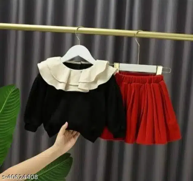Poly Crepe Full Sleeves Top & Bottom Clothing Set for Girls (Red & Black, 6-12 Months)