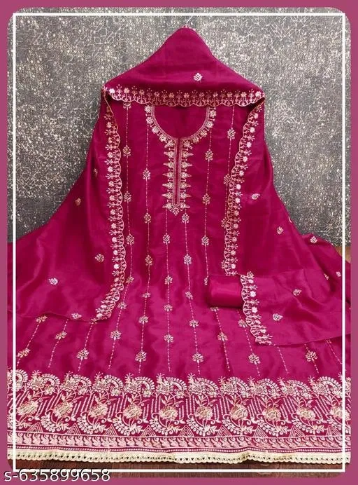 Vichitra Silk Embroidered Punjabi/All Over Suits for Women (Pink, 6.45 meter (XL)