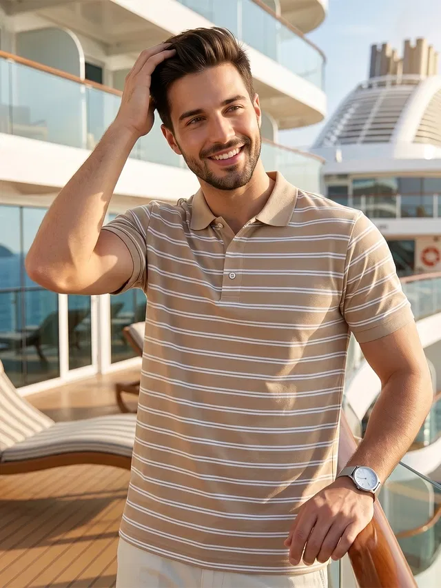 Striped Polo T-shirt for Men (Beige, XL)