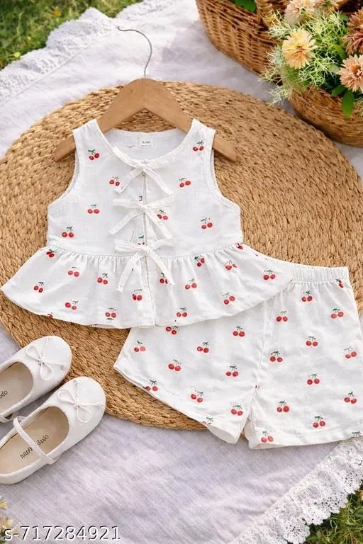 Cherry print Top & Bottom Set for Girls (White, 2-3 Years)