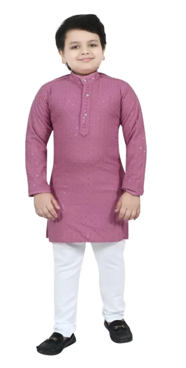 Cotton Solid Kurta with Pyjama for Boys (Pink & White, 7-8 Years)