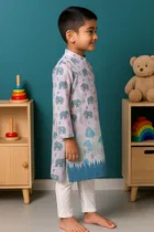 Cotton Blend Printed Kurta with Payjama for Boys, Teal & White 