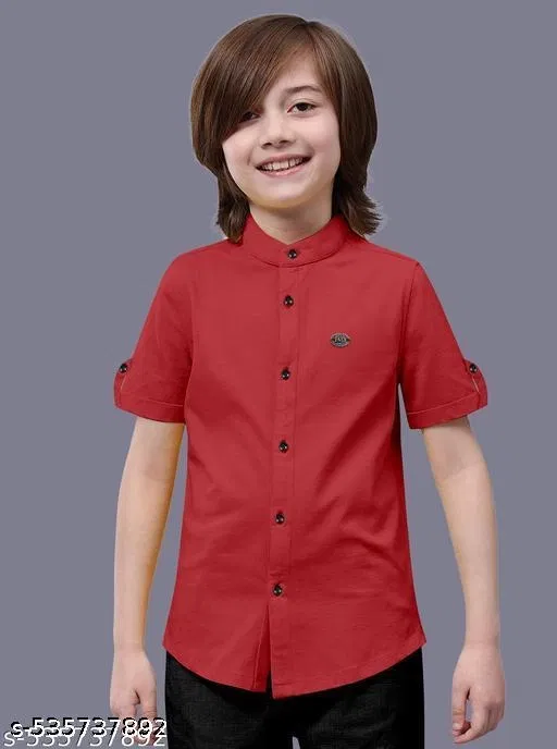 Solid Cotton Blend Mandarin Collar Short Sleeve Shirt for Boys (Red, 12-13 Years)