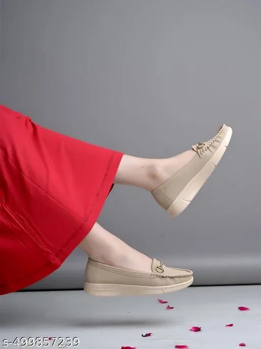 Solid Synthetic Loafers for Women (Cream, IND-3)