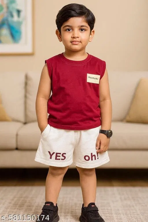 Hosiery Cotton Printed Clothing Set for Kids, Maroon & White (9-12 Months)