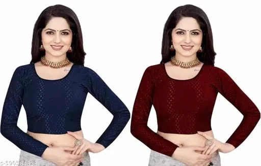 Lycra Ready Made Blouse for Women, Maroon & Blue, Pack of 2 (34)