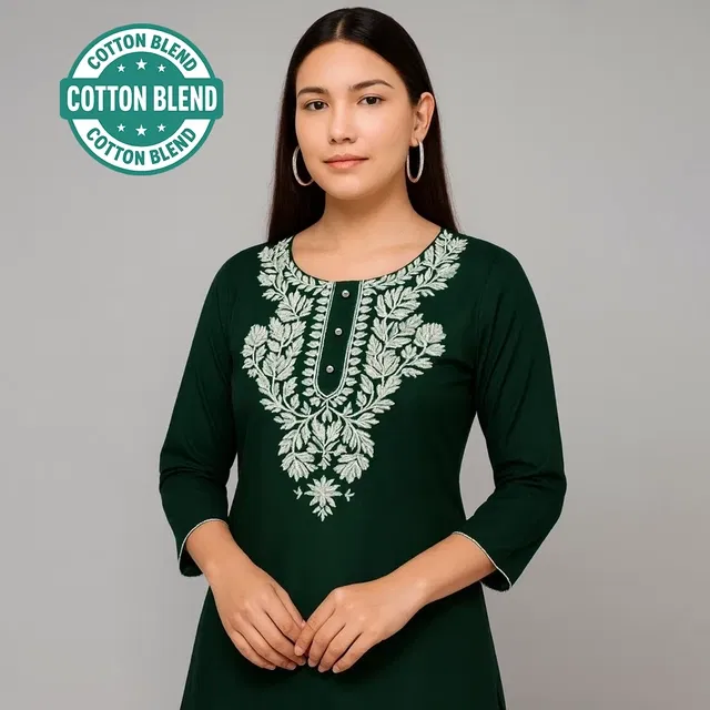 Cotton Embroidered Short Kurti for Women (Green, S)