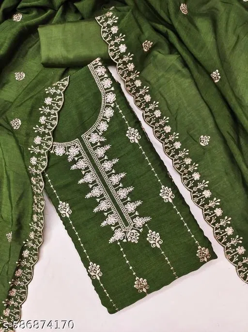 Vichitra Silk Punjabi/All Over Suits Semi-Stitched Suits (Green, 5.85 meter for Women (S)