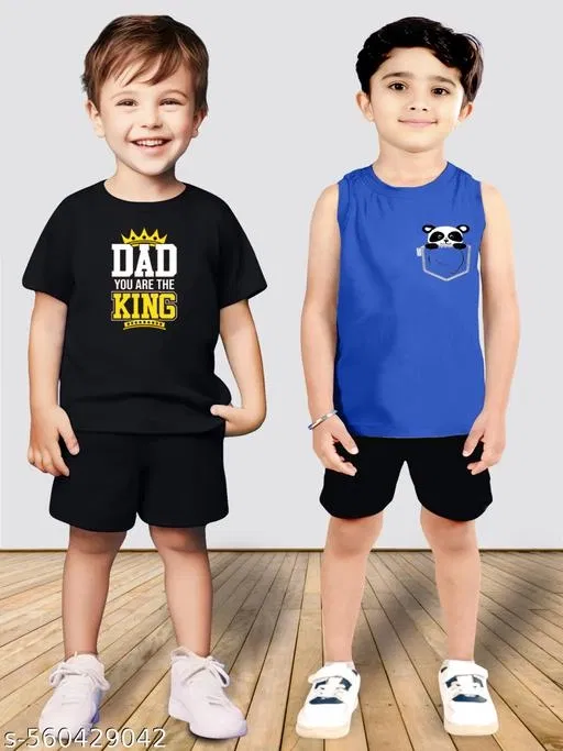 Cotton Blend Printed Clothing Set for Boys, Black & Blue, Pack Of 2 (18-24 Months)