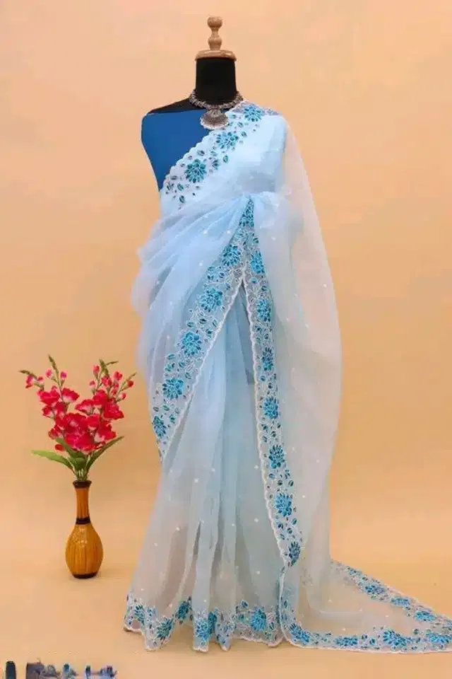 Organza Embroidered Saree for Women (Blue, 6.3 m)