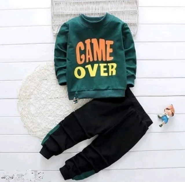 Hosiery Printed Clothing Set for Kids (Bottle Green & Black, 18-24 Months)