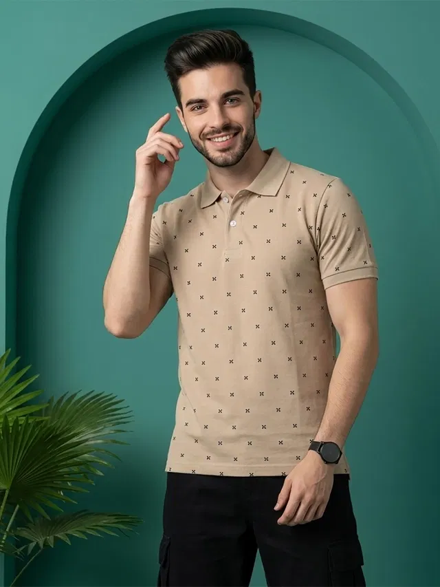 Printed Polo T-shirt for Men (Beige, L)