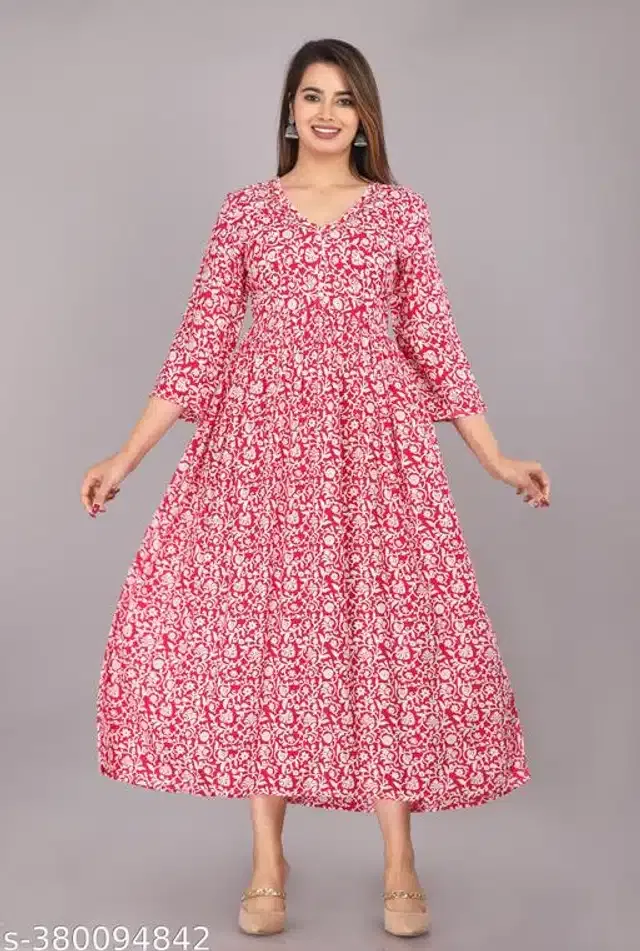 Anarkali Rayon Printed Kurti for Women (Pink, XXXL)