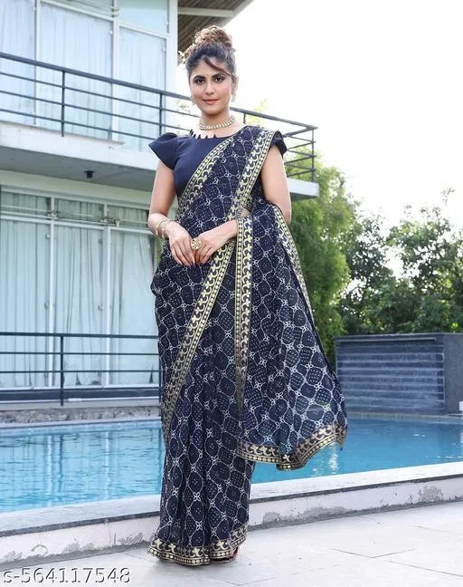 Georgette Printed Saree for Women, Navy Blue (6.3 m)