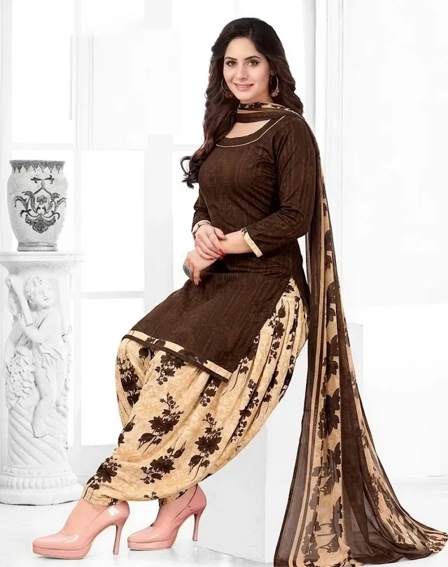 Punjabi Floral Suit for Women (Brown, Brown)
