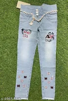 Denim Embroidered Jeans for Girls (Sky Blue, 4-5 Years)
