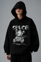 Fleece Printed Hoodie for Men, Black 