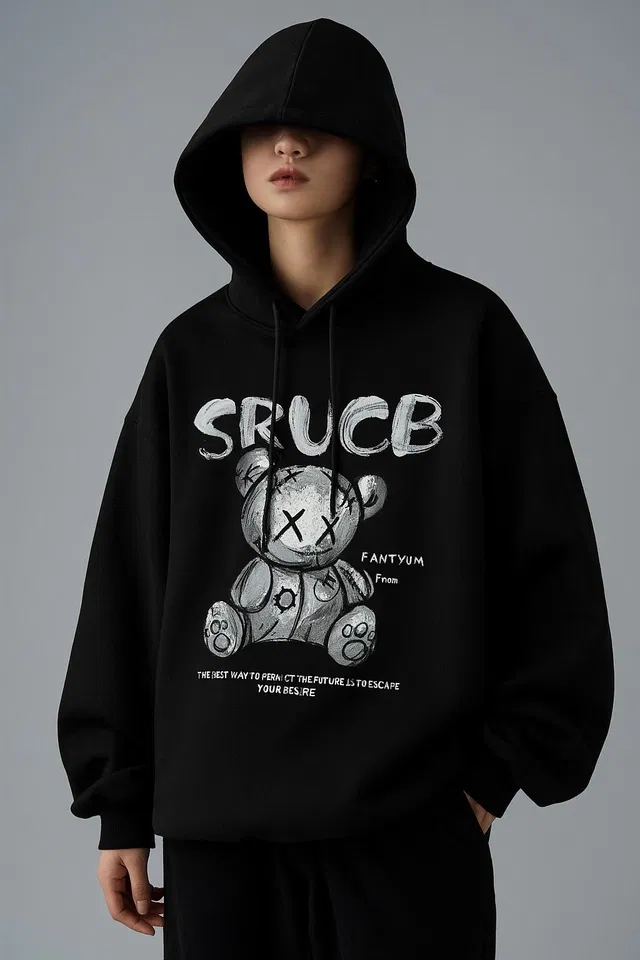 Fleece Printed Hoodie for Men, Black (XL)