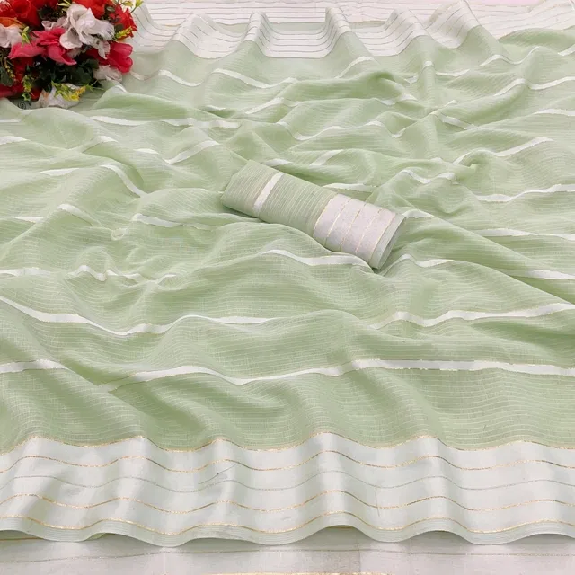 Cotton Blend Striped Saree for Women (Mint Green, 6.3 m)