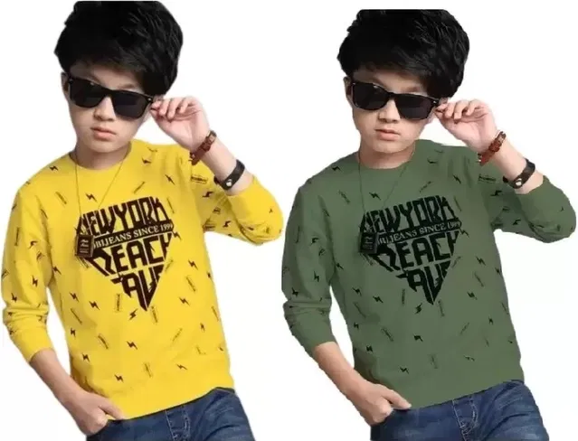Cotton Blend Round Neck T-Shirts for Boys (Mustard & Olive, 14-15 Years) (Pack of 2)