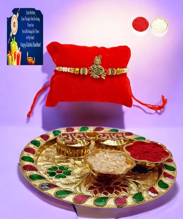 Metal Rakhi with 4.5 Inch Plate & Greeting card, Roli (Multicolor, Set of 1)