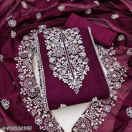 Chanderi Cotton Embroidered Punjabi/All Over Suits for Women (Purple, Un Stitched)