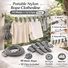 Portable Nylon Rope Clothesline 10 Meter + 12 Clips Grey