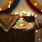 Metal Decoretive Pooja Thali, Multicolour Pack of 1