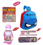 Combo of Kids Cartoon Bag Backpack, All In One Book, Water Bottle & Gift Set Geometry Set 