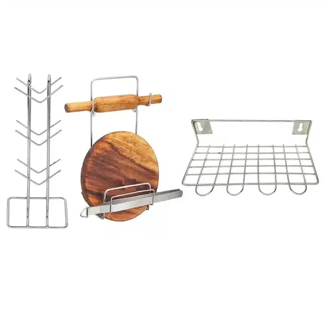 Stainless Steel Cup Stand & Chakla Belan Stand with Utensil Holder (Set of 3, Silver)