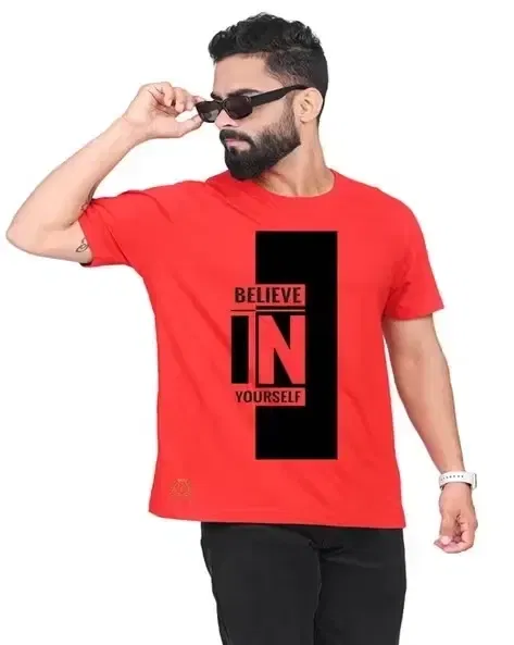 Round Neck Printed T-Shirt for Men (Red, XL)