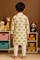 Cotton Blend Printed Kurta with Payjama for Boys, Brown & White 