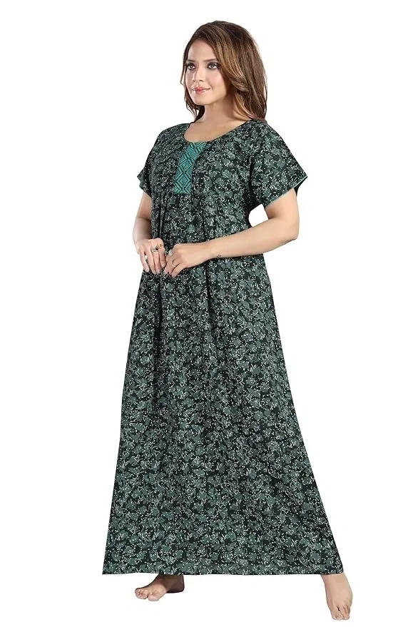 Womens Block Printed Full Length Night Dress/Night Gown (Pack of 1)(Beige & Green)-M