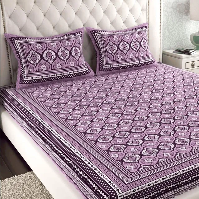 Jaipuri Cotton Double Bedsheet with 2 Pillow Covers | 80x90 Inch | Ethnic Motifs Purple | Traditional Rajasthani Print
