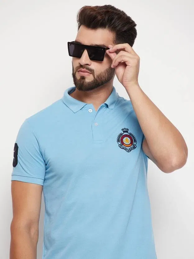 Printed Polo T-Shirt for Men (Aqua Blue, XL)
