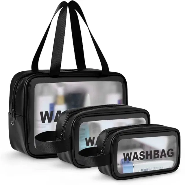Portable Waterproof Zippered Cosmetic Bags (Black, Set of 3)