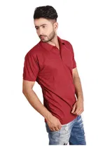 Poly Cotton Solid Polo Neck T-Shirt for Men, Maroon 