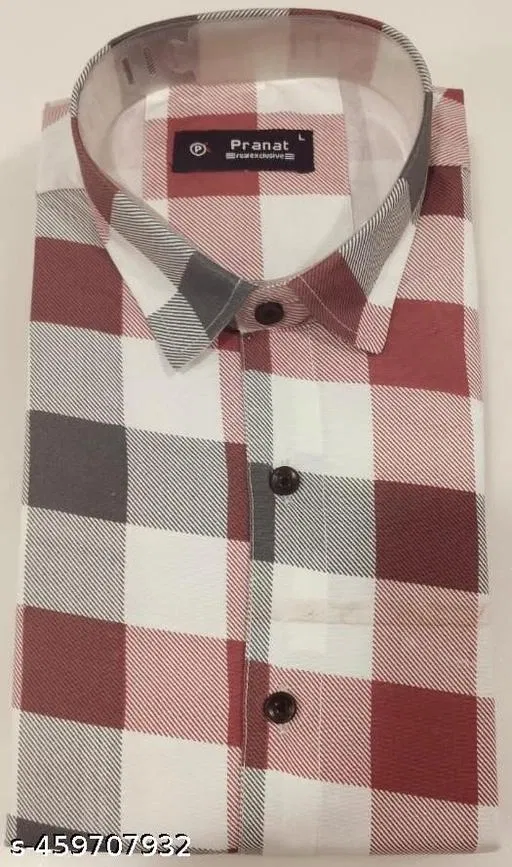 Cotton Blend Checked Shirt for Men, White & Brown (L)