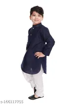 Cotton Solid Kurta with Pyjama for Boys (2-3 Years, Black & White)